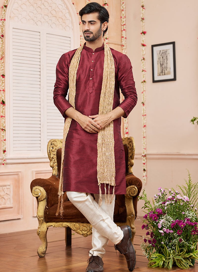 Beige Chanderi Silk Men Stole