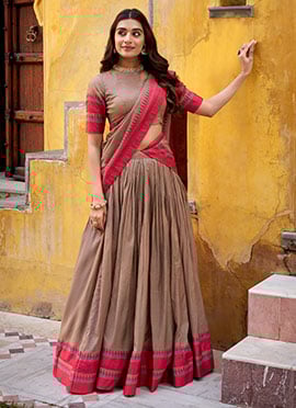 Beige Chanderi Thread Woven A Line Lehenga