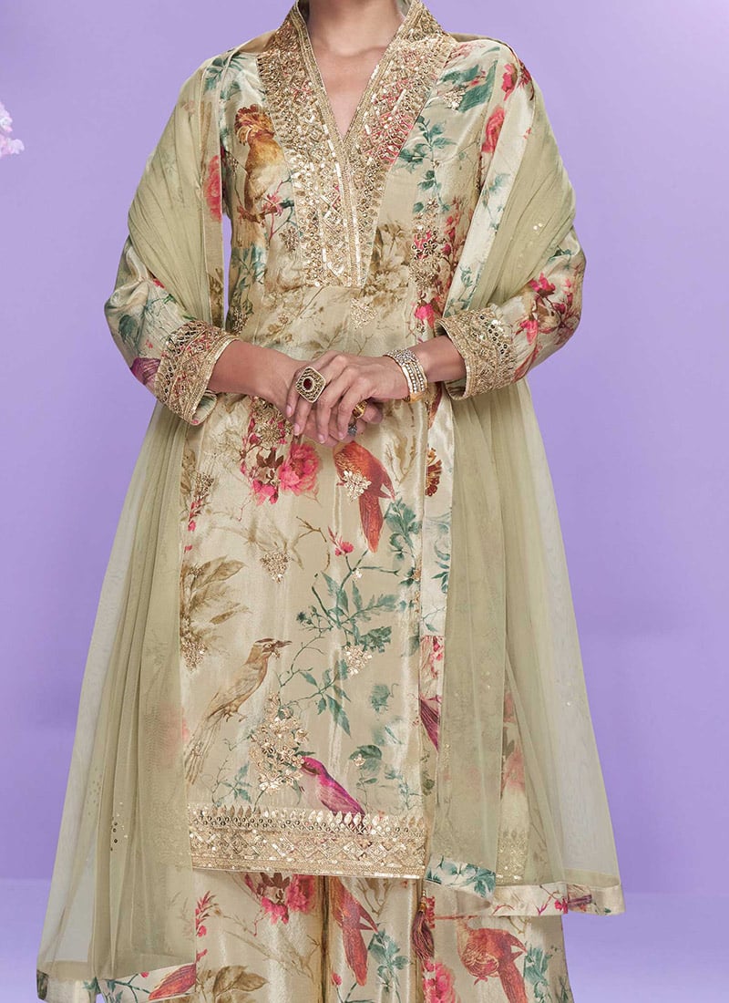 Beige Siya Crepe Digital Print Suit Palazzo main image 1