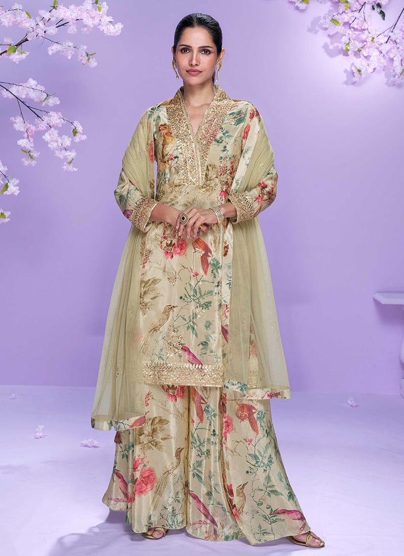 Beige Chinon Digital Print Zari Embroidered Sequins Palazzo Suit