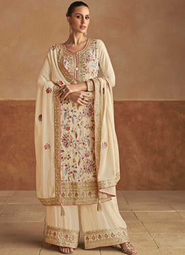 Beige Chinon Embroidered Sequins Pakistani Palazzo Suit Elegant Wear