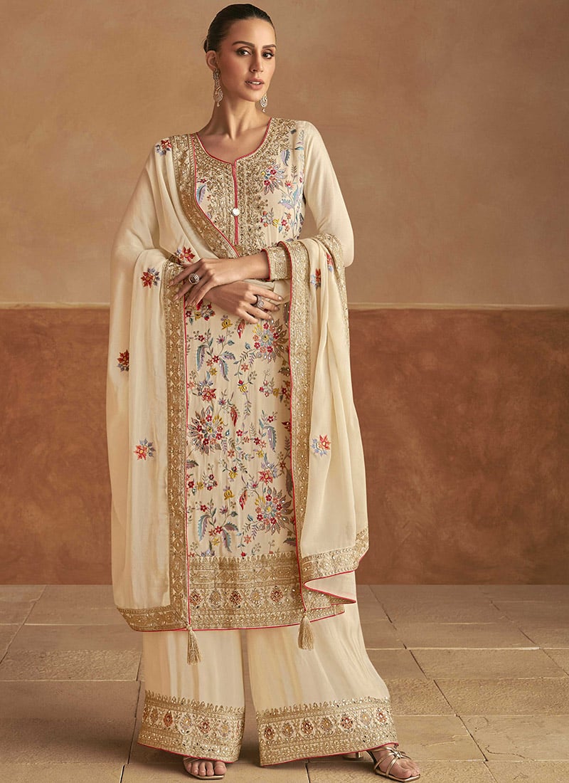 Beige Chinon Embroidered Sequins Pakistani Palazzo Suit Elegant Wear Festive Wear