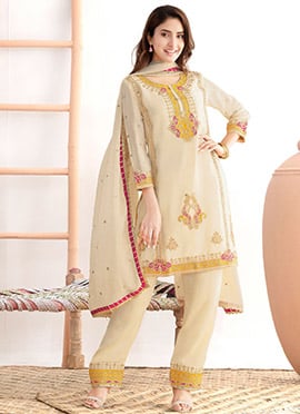 Beige Chinon Embroidered Stones Mirror Work Thread Straight Pant Suit