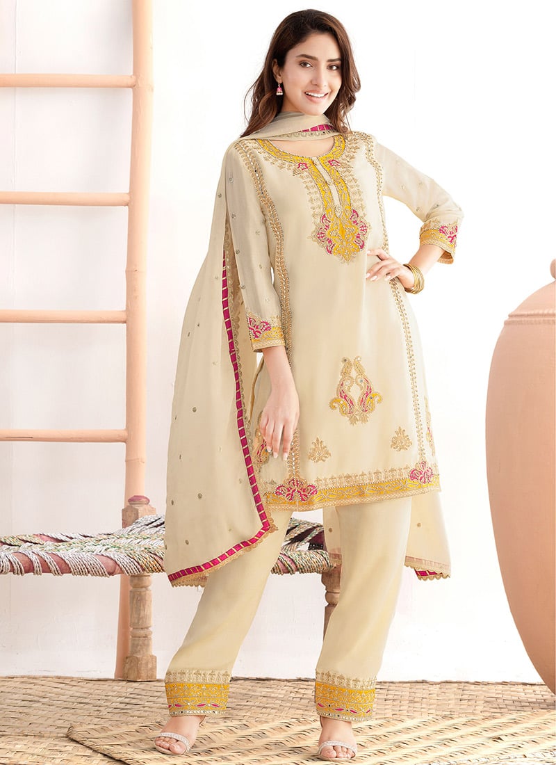 Beige Chinon Embroidered Stones Mirror Work Thread Straight Pant Suit Festive Wear