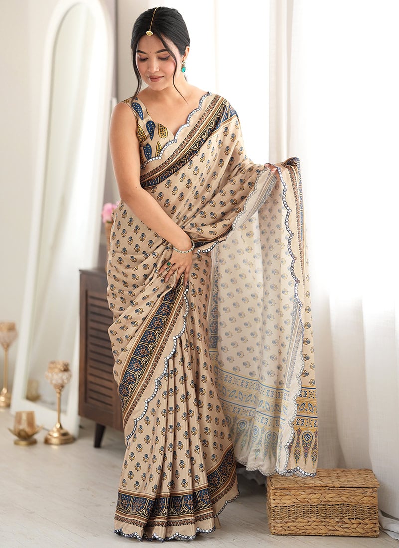 Beige Chinon Mirror Work Printed Saree After Six Wear