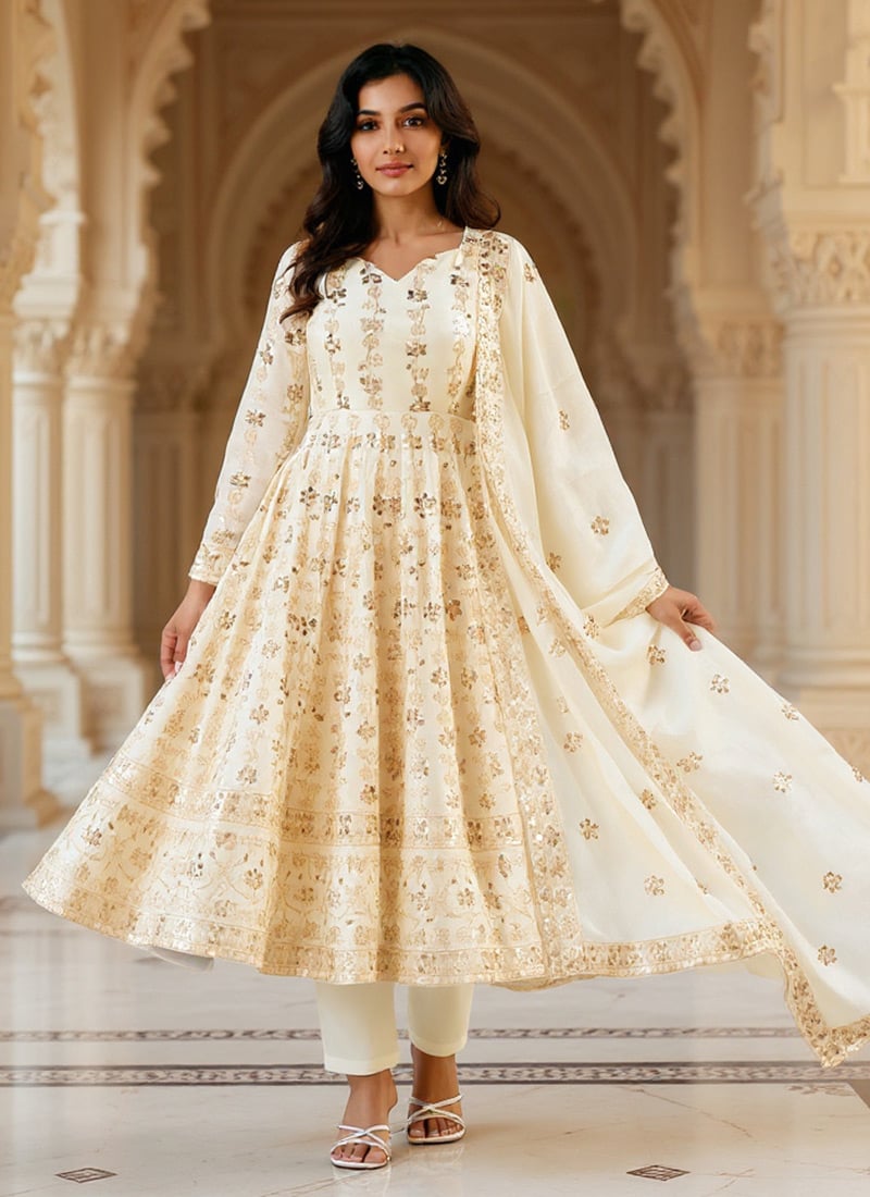 Beige Chinon Sequins Embroidered Anarkali Suit Festive Wear
