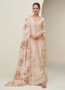 Beige Chinon Silk Digital Print And Thread Embroidered Sequins Palazzo Suit