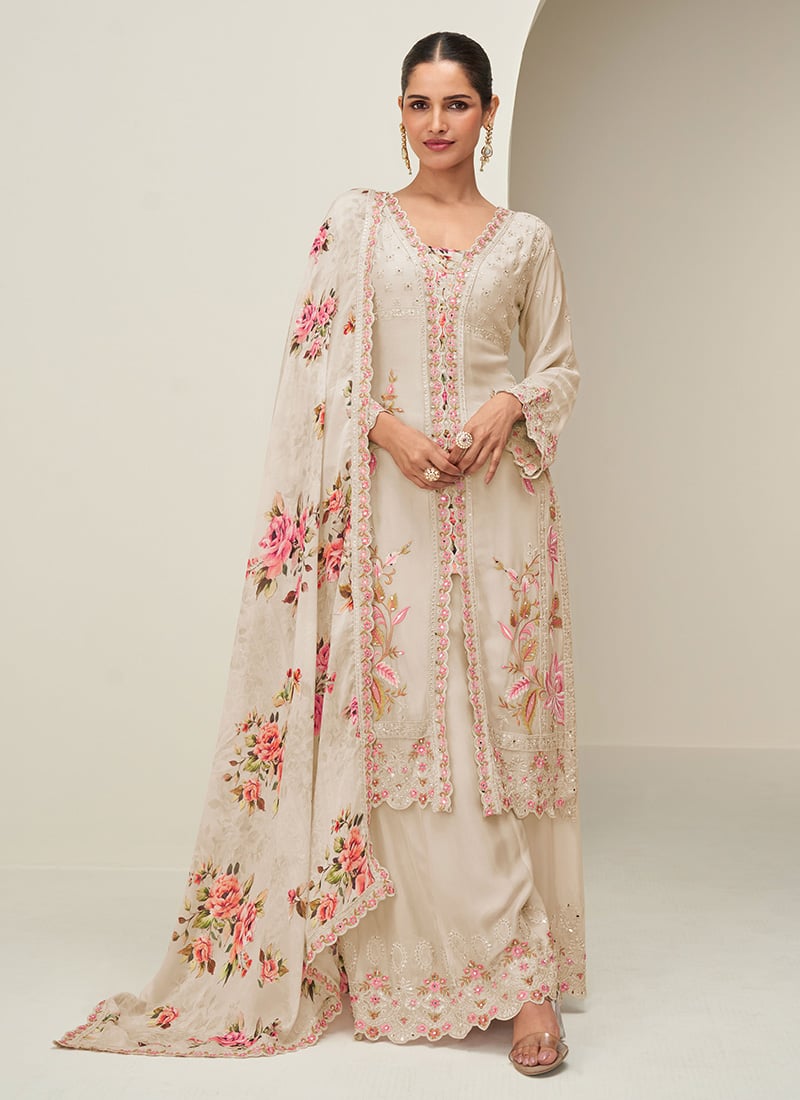 Beige Chinon Silk Digital Print And Thread Embroidered Sequins Palazzo Suit Festive Wear