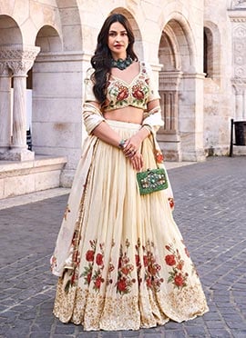 Beige Chinon Silk Digital Print Lehenga With Cut Dana Handwork And Sequins Choli