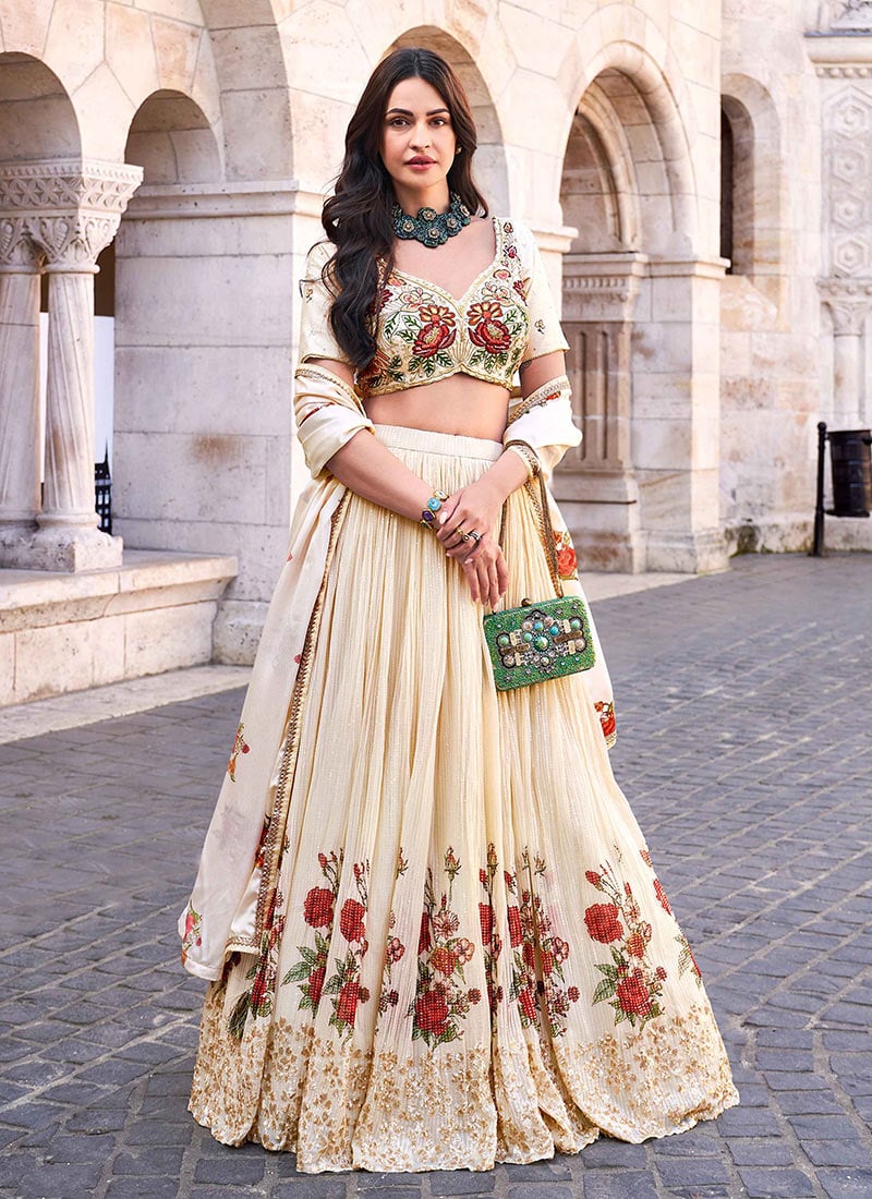 Beige Chinon Silk Digital Print Lehenga With Cut Dana Handwork And Sequins Choli Wedding Wear