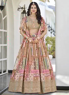 Beige Chinon Silk Digital Print Zari Embroidered Lehenga Wedding Wear