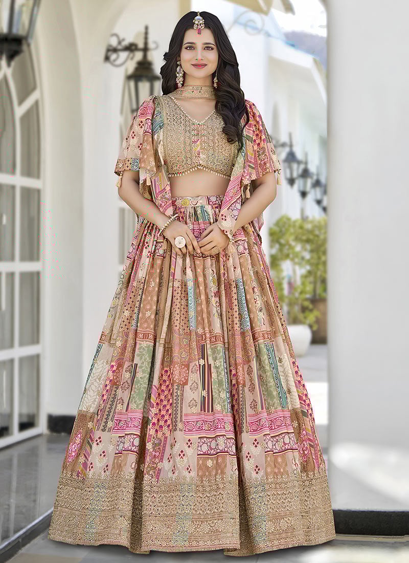 Beige Chinon Silk Digital Print Zari Embroidered Lehenga