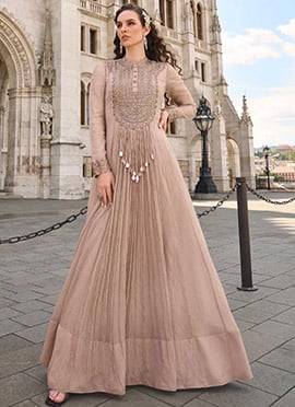 Beige Chinon Silk Embroidered Sequins Mirror Work Anarkali Suit