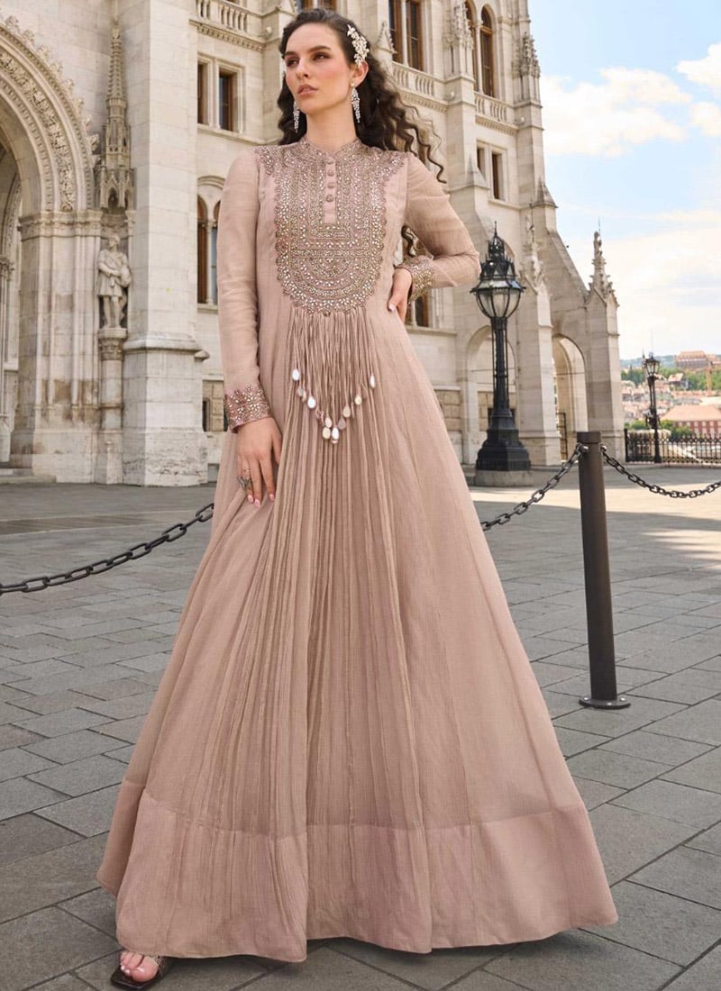 Beige Chinon Silk Embroidered Sequins Mirror Work Anarkali Suit Festive Wear