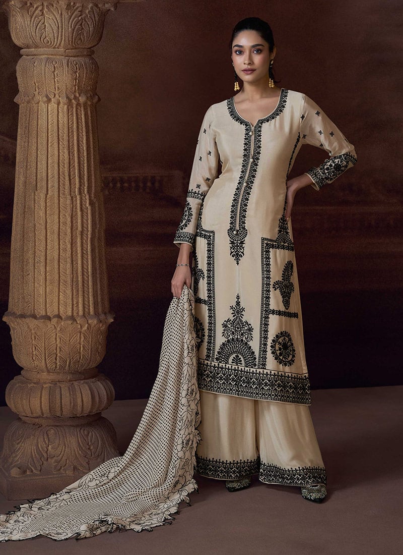 Beige Chinon Silk Embroidered Sequins Palazzo Suit With Digital Print Dupatta