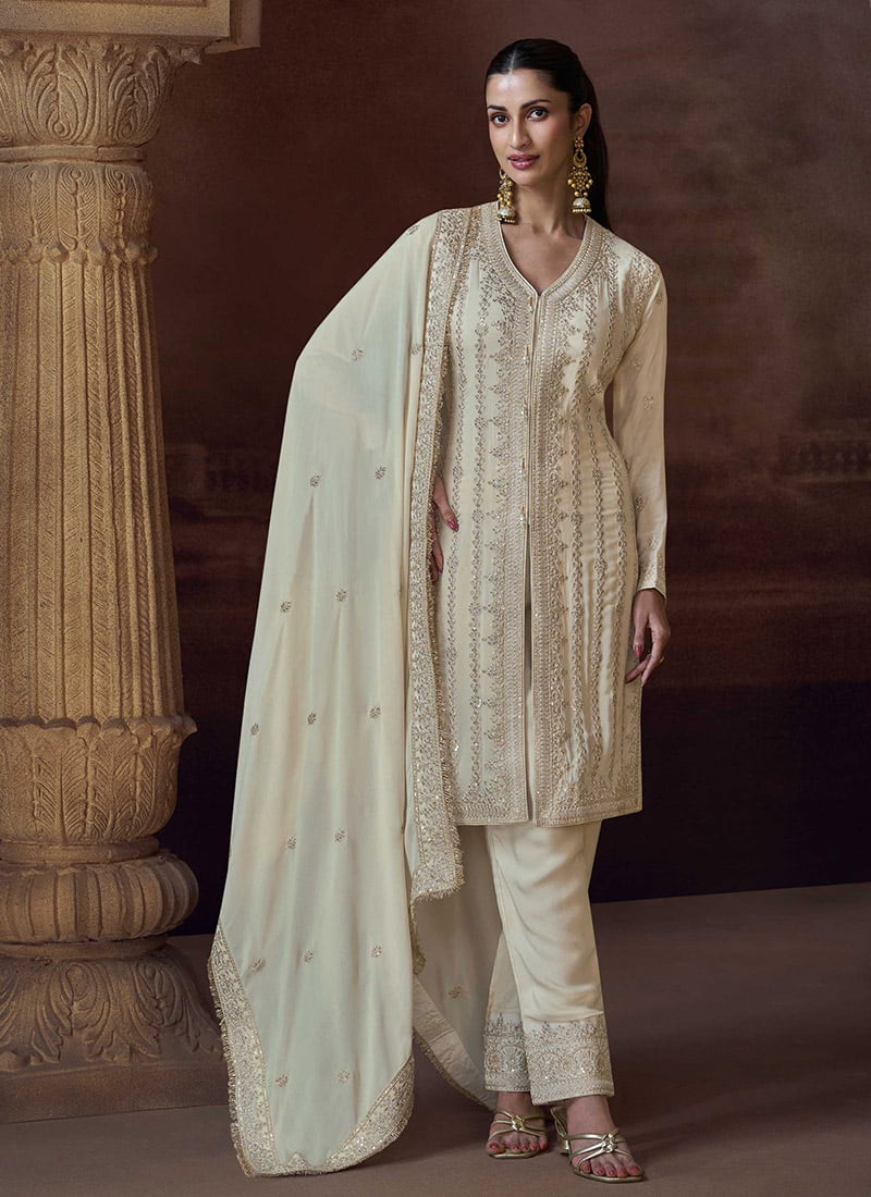 Beige Chinon Silk Embroidered Sequins Straight Pant Suit Festive Wear