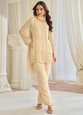 Beige Chinon Silk Embroidered Sequins With Stone And Beads Work Straight Pant Suit