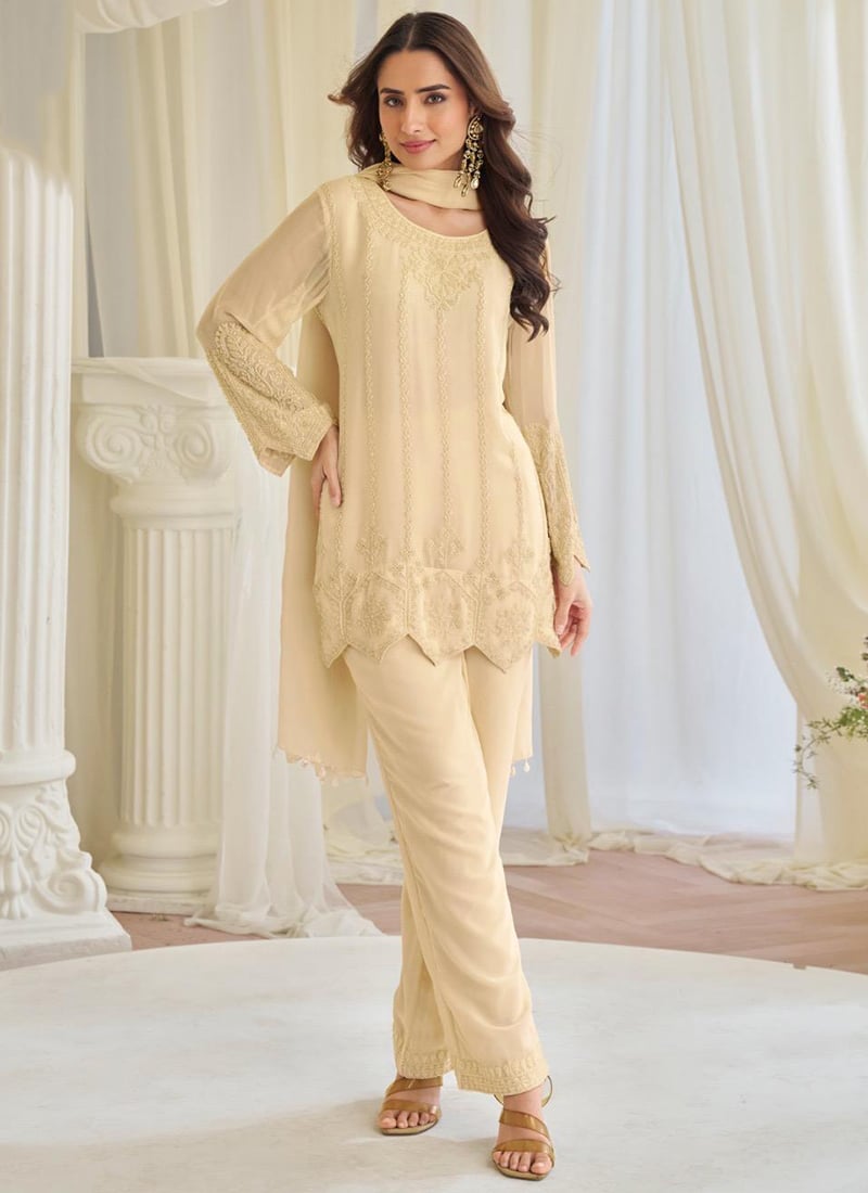 Beige Chinon Silk Embroidered Sequins With Stone And Beads Work Straight Pant Suit Festive Wear