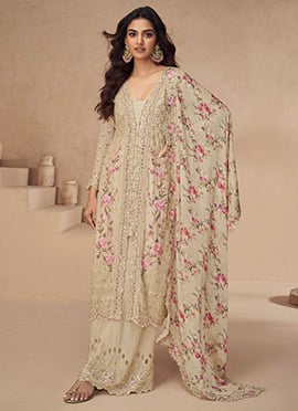 Beige Chinon Silk Thread Embroidered Sequins With Mirror Work Palazzo Suit