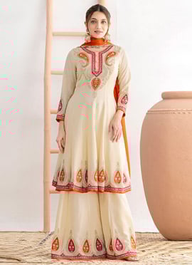 Beige Chinon Zari Embroidered Sequins With Stone Work Palazzo Suit