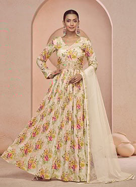 Beige Chinon Zari Sequins Beads Printed Anarkali Suit