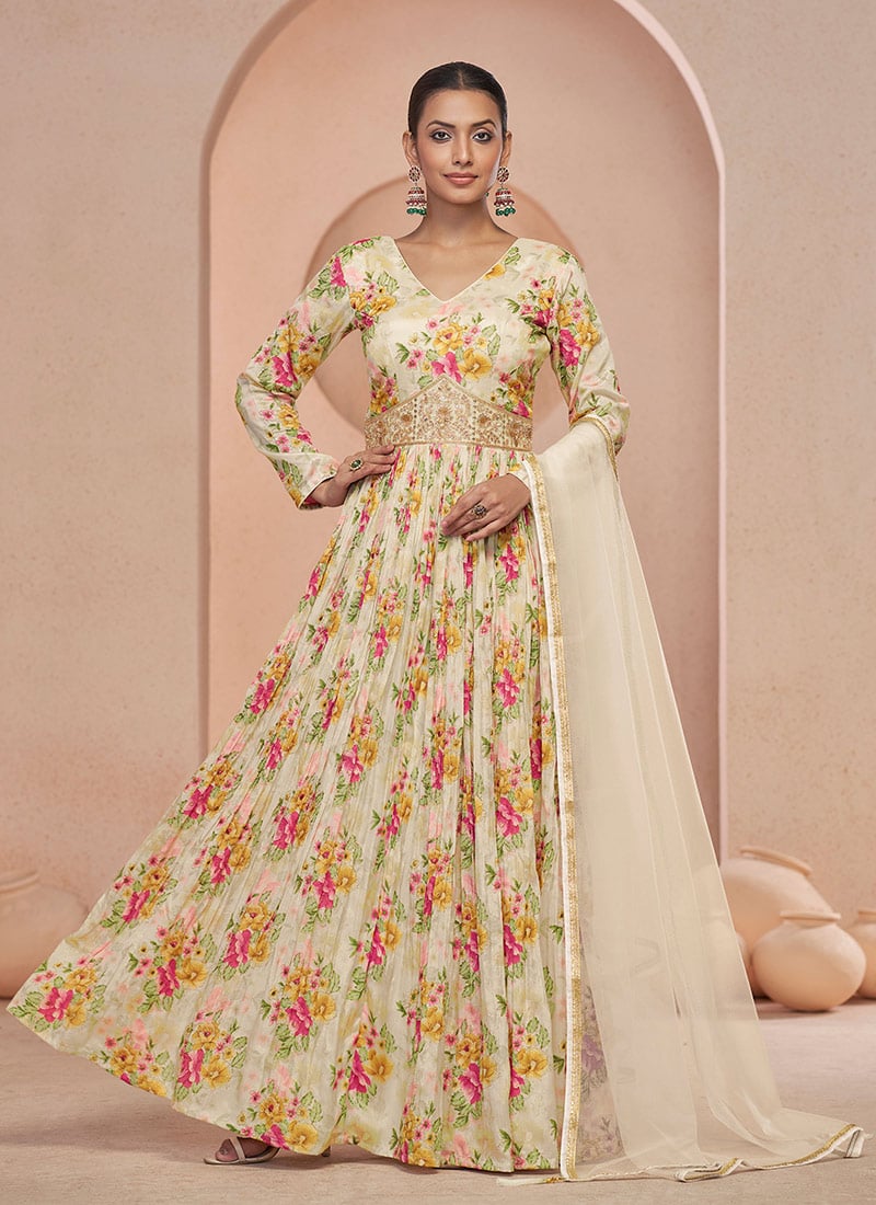Beige Chinon Zari Sequins Beads Printed Anarkali Suit Festive Wear