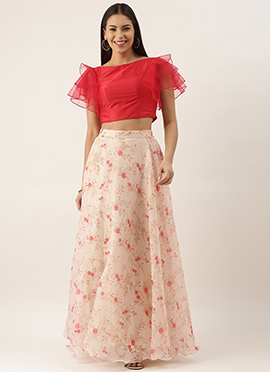 Beige Color Digital Printed Crop Top N Skirt