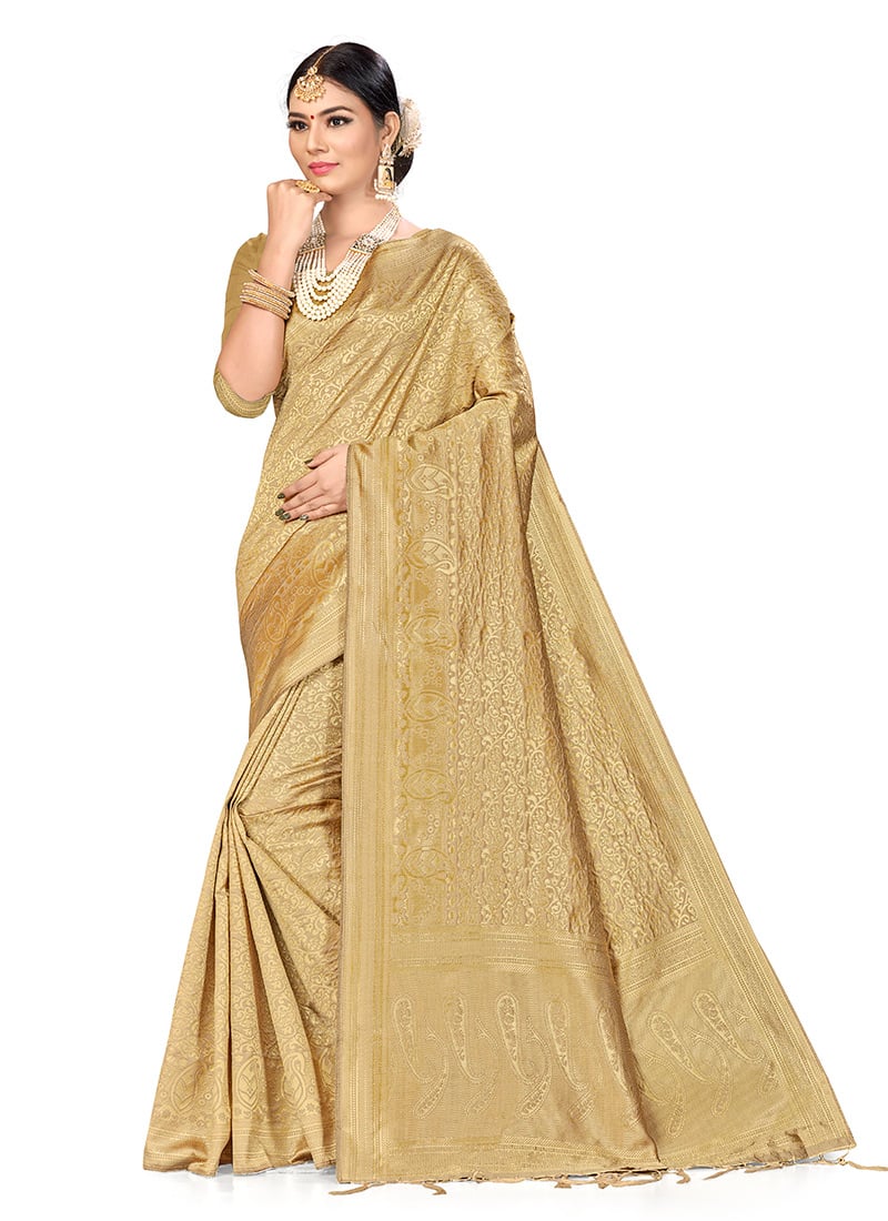 Beige Color Zari Work Banarasi Silk Saree Festive Wear