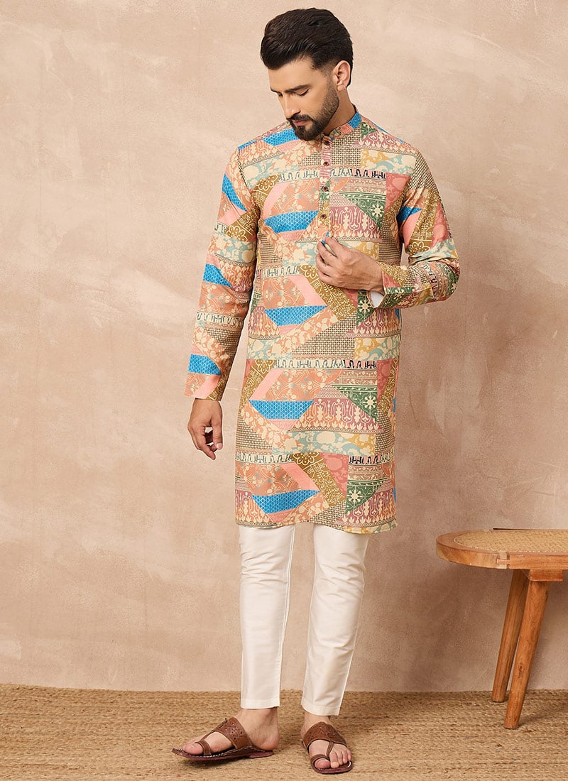 Beige Cotton Blend Ethnic Motifis Kurta Pyjama Festive Wear