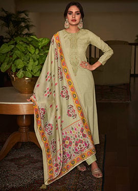 Beige Cotton Digital Print Embroidered Straight Pant Suit
