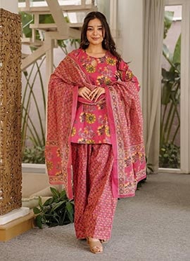 Pink Cotton Digital Print Farshi Salwar Suit