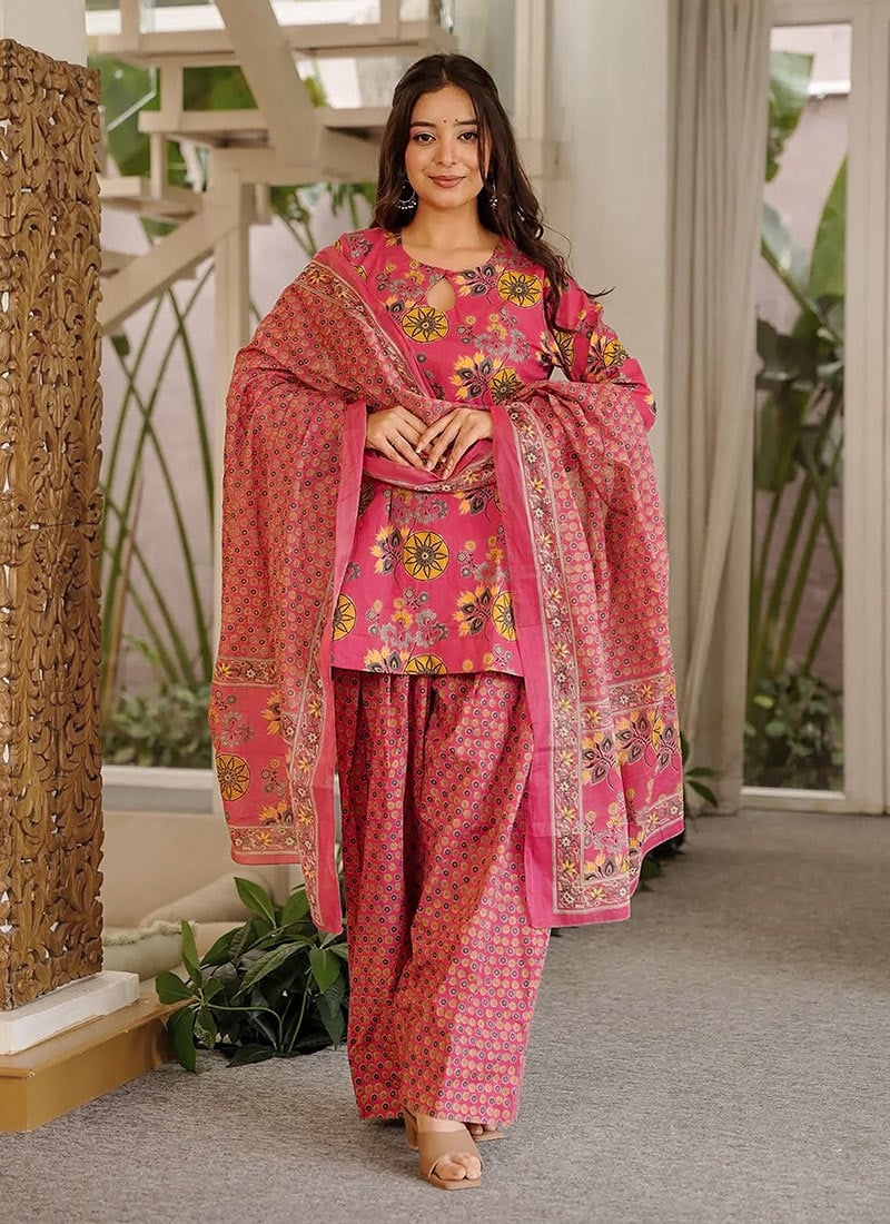 Beige Cotton Digital Print Farshi Salwar Suit Leisure Wear