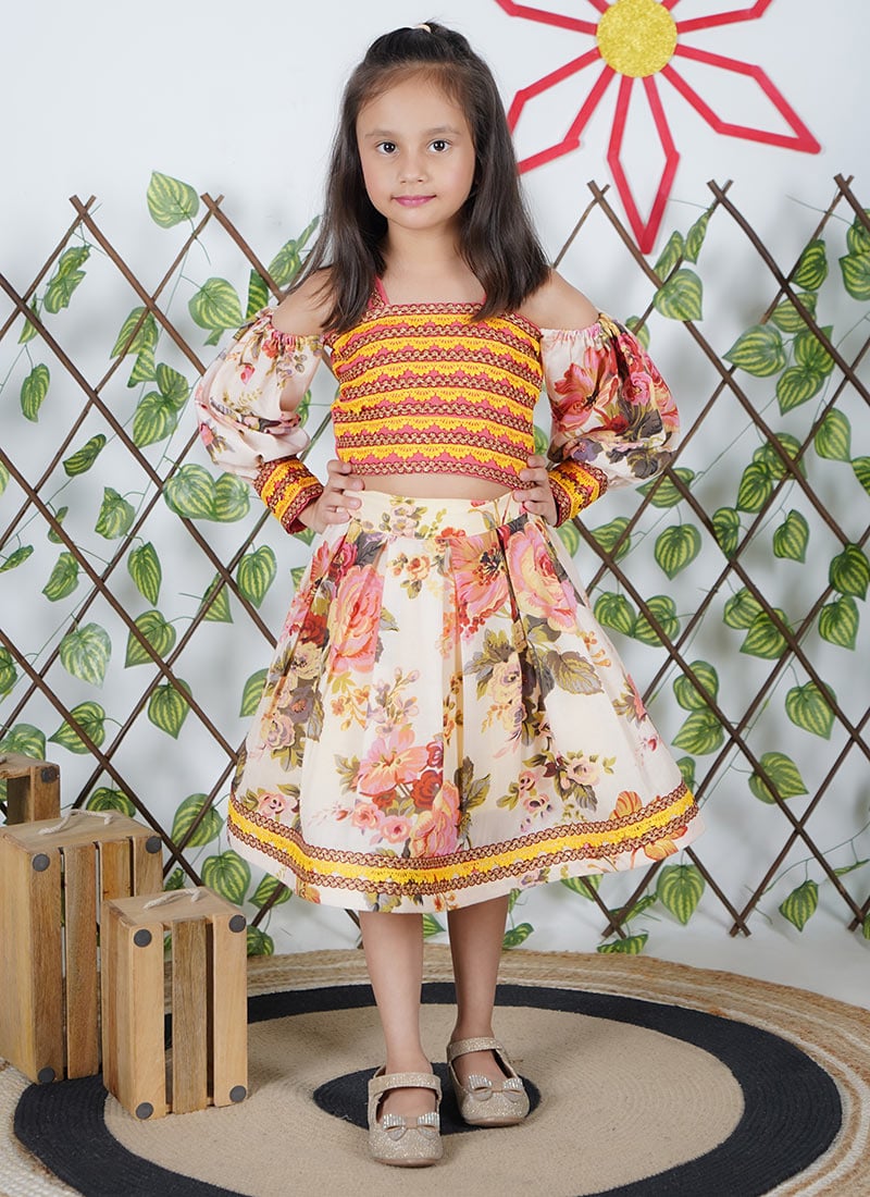 Beige Cotton Digital Print Kids Girls Stylish Indowestern Set For Little Diva Festive Wear