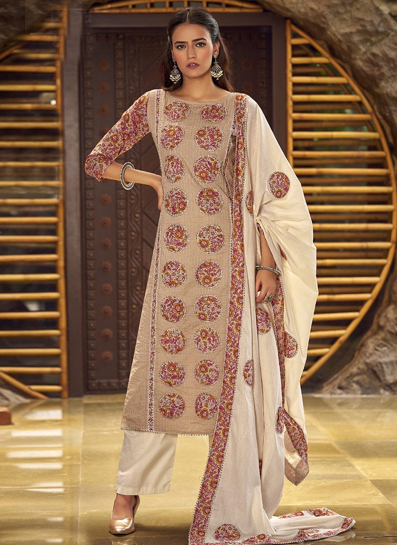 Beige Cotton Kalamkari Print Patch Work Straight Pant Suit Festive Wear