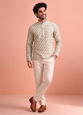 Beige Cotton Digital Print Short Kurta For Men