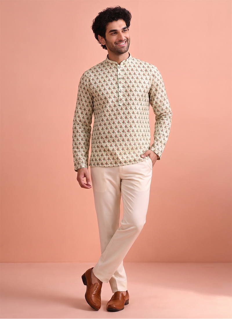 Beige Cotton Digital Print Short Kurta For Men