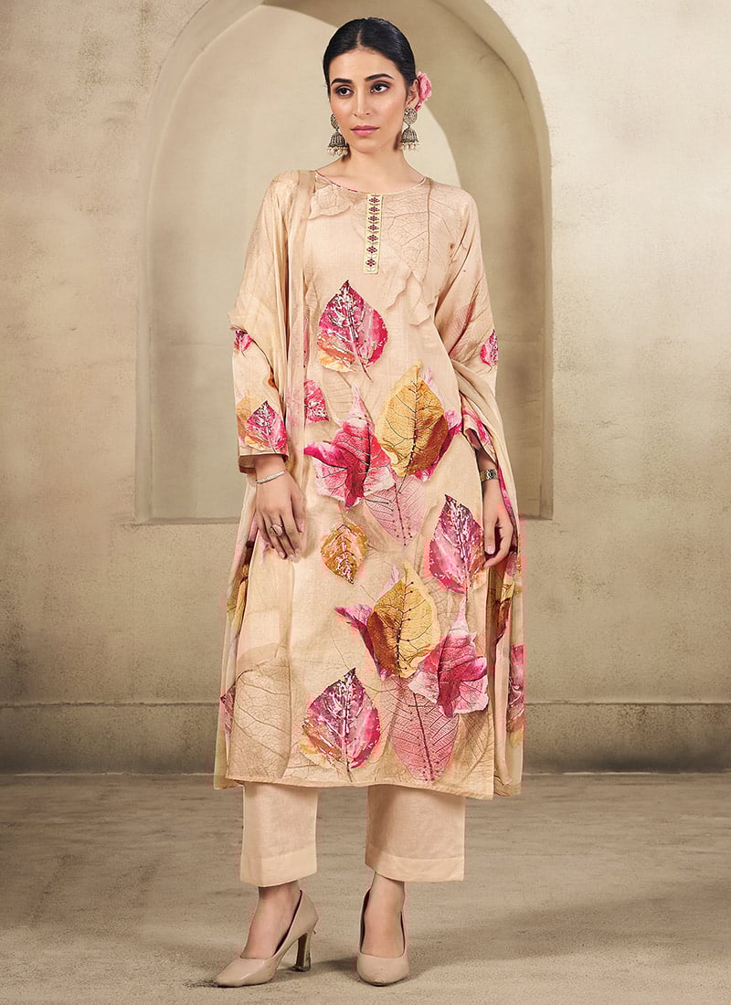 Beige Cotton Digital Print Straight Pant Suit