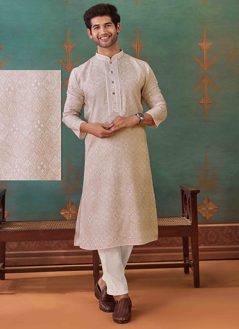 Beige Cotton Embroidered Woven Kurta Pyjama Festive Wear