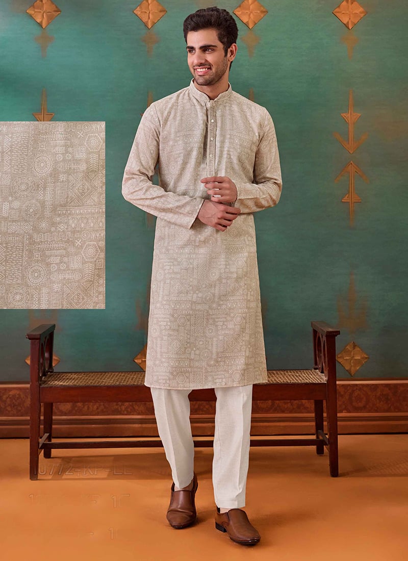 Beige Cotton Embroidered Woven Kurta Pyjama Festive Wear
