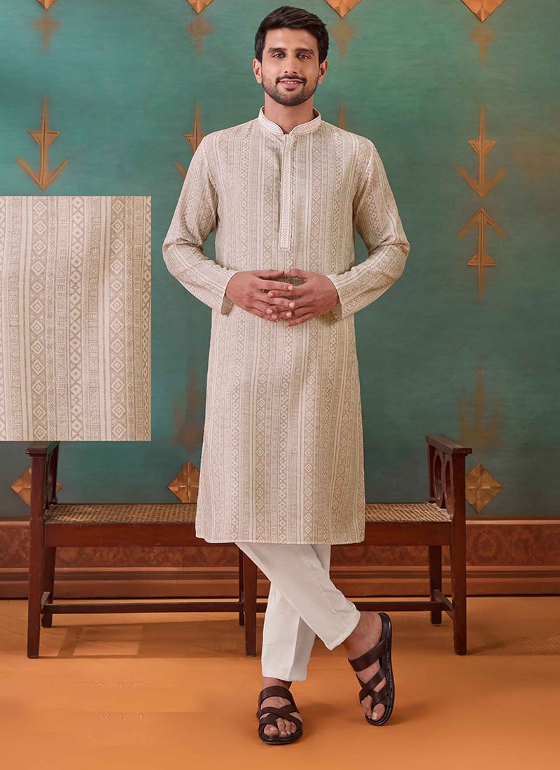 Beige Cotton Embroidered Woven Kurta Pyjama Festive Wear