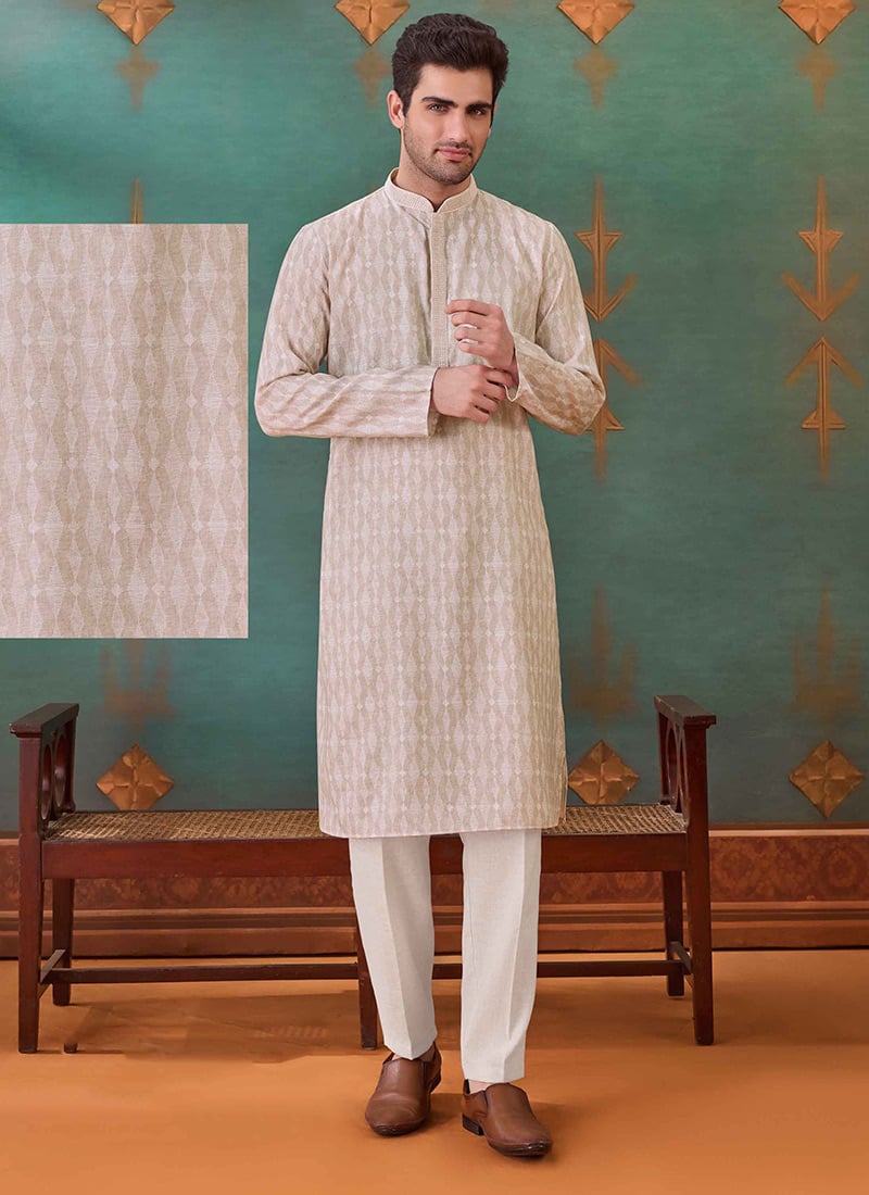 Beige Cotton Embroidered Woven Kurta Pyjama Festive Wear