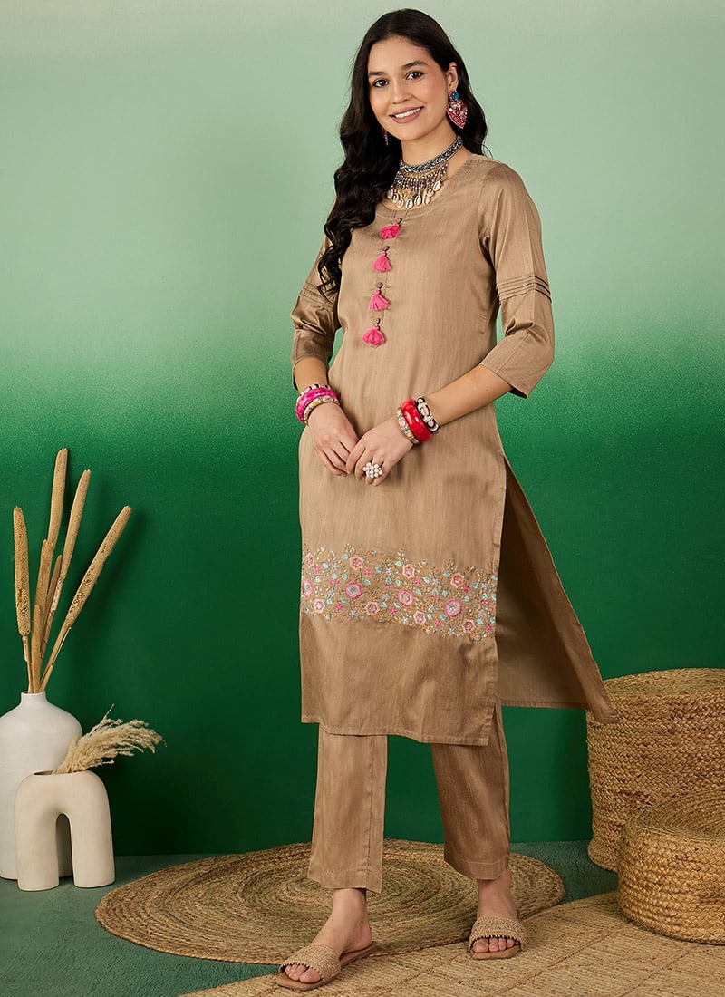 Beige Cotton Floral Embroidered Kurta Straight Pant Set