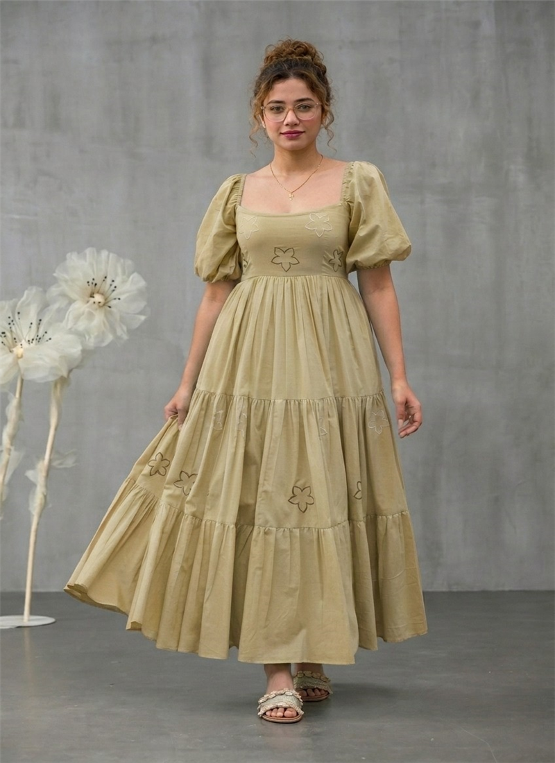 Beige Cotton Floral Embroidered Tiered Dress After Six Wear