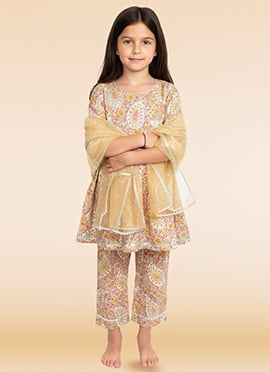 Beige Cotton Floral Print Kids Girls Straight Pant Suit