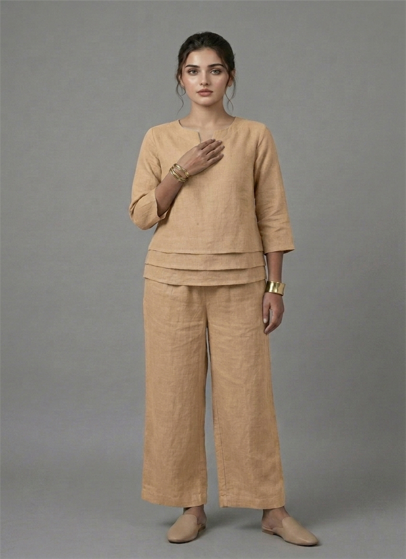 Beige Cotton Linen Stylish Co Ord Set After Six Wear