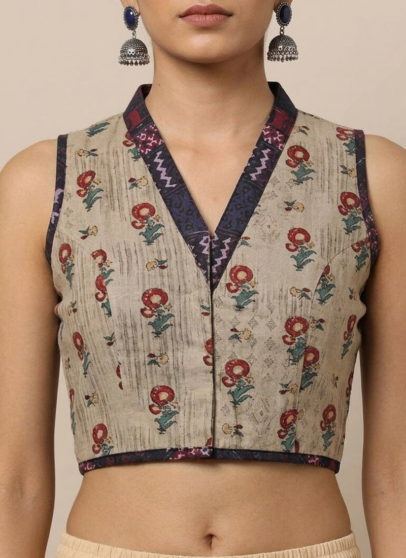 Beige Cotton Printed Blouse Work Wear