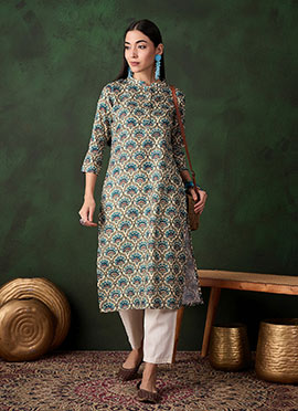 Beige Cotton Printed Knee Length Kurti