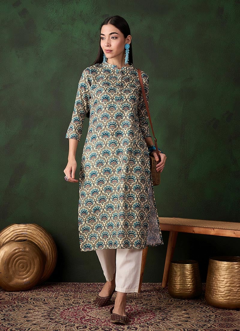 Beige Cotton Printed Knee Length Kurti After Six Wear