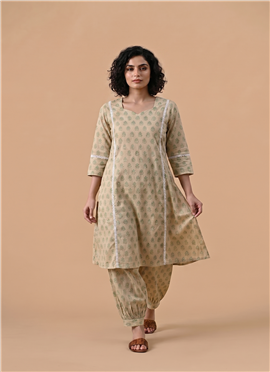 Beige Cotton Printed Kurta Set
