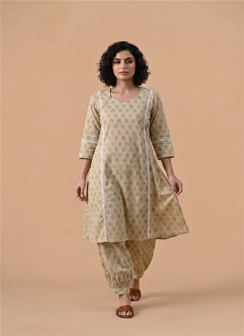 Beige Cotton Printed Kurta Set After Six Wear